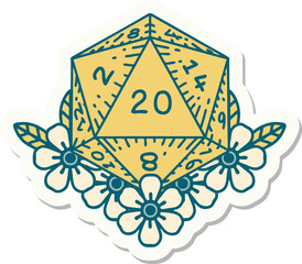 sticker of a natural 20 D20 dice roll with floral elements