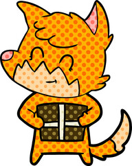 cartoon friendly fox with gift