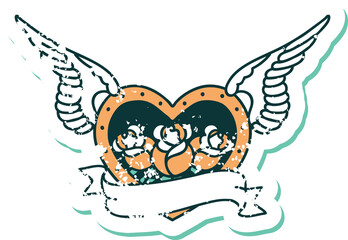 iconic distressed sticker tattoo style image of a flying heart with flowers and banner