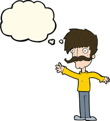 cartoon waving mustache man with thought bubble