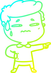 cold gradient line drawing of a cartoon anxious man pointing
