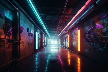 Luminous neon warehouse with concrete grunge design, blue and purple lights, tunnel-style corridor, ideal for cyber virtual environments. Generative AI