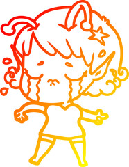 warm gradient line drawing of a cartoon crying alien girl