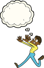 cartoon man running away with thought bubble