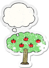 cartoon apple tree with thought bubble as a distressed worn sticker