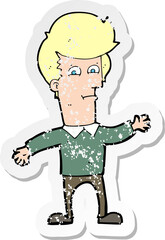 retro distressed sticker of a cartoon waving man
