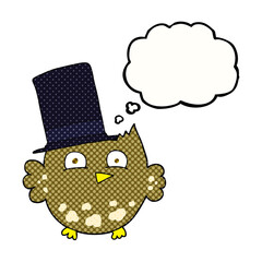 freehand drawn thought bubble cartoon little owl with top hat