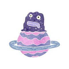 freehand retro cartoon alien on planet