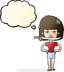 cartoon woman with knife between teeth with thought bubble