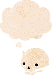 cartoon spooky skull with thought bubble in grunge distressed retro textured style