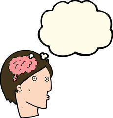 cartoon man with brain symbol with thought bubble