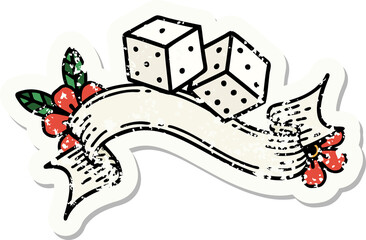 worn old sticker with banner of lucky dice