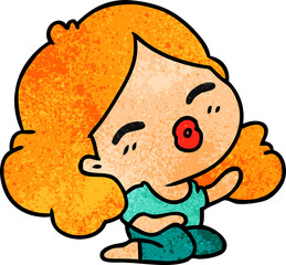 freehand drawn textured cartoon of cute kawaii girl