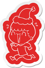 laughing quirky cartoon  sticker of a man wearing santa hat