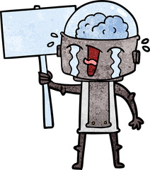 cartoon crying robot waving sign