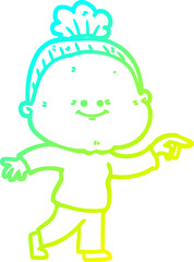 cold gradient line drawing of a cartoon happy old woman