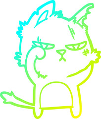 cold gradient line drawing of a tough cartoon cat