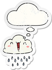 cartoon storm cloud with thought bubble as a distressed worn sticker