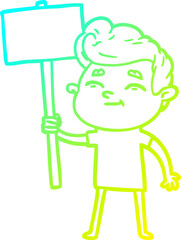 cold gradient line drawing of a happy cartoon man with sign