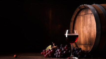Fototapeta na wymiar A barrel and a glass of wine, in a wine cellar. Generative AI,