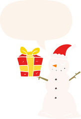 cartoon snowman with present with speech bubble in retro style