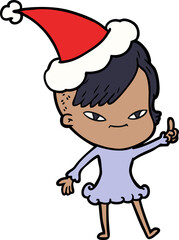 cute hand drawn line drawing of a girl with hipster haircut wearing santa hat