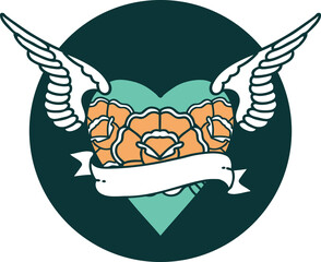 iconic tattoo style image of heart with wings flowers and banner