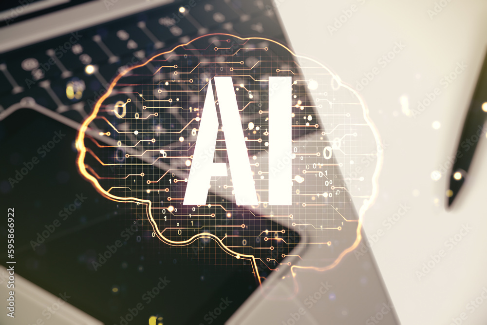 Aufkleber creative artificial intelligence concept with human brain sketch on modern computer background. doub