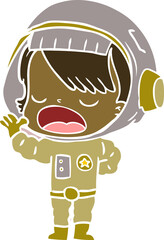 flat color style cartoon astronaut woman explaining