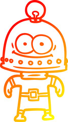 warm gradient line drawing of a happy carton robot with light bulb