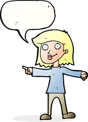 cartoon happy woman pointing with speech bubble