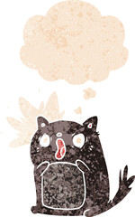 cartoon shocked cat with thought bubble in grunge distressed retro textured style
