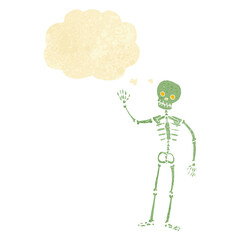 cartoon waving skeleton with thought bubble