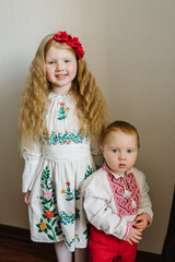 National ethnic traditional costume or dress. Portrait of a kids dressed in Ukrainian folk embroidered clothes. A child girl with wreath of poppies on his head. Ukrainian customs, traditions.