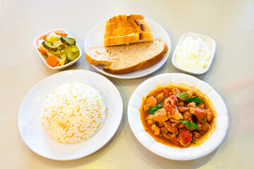 Traditional delicious Turkish food; Turkish style rice pilaf (Turkish name; Arpa sehriyeli. tavuk, kuru fasulyeli, pirinc pilavi)