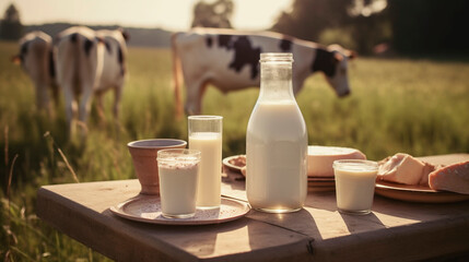 a bottle of milk, a glass of milk and a plate of cheese on a table in front of a field of cows. Generative AI, - obrazy, fototapety, plakaty