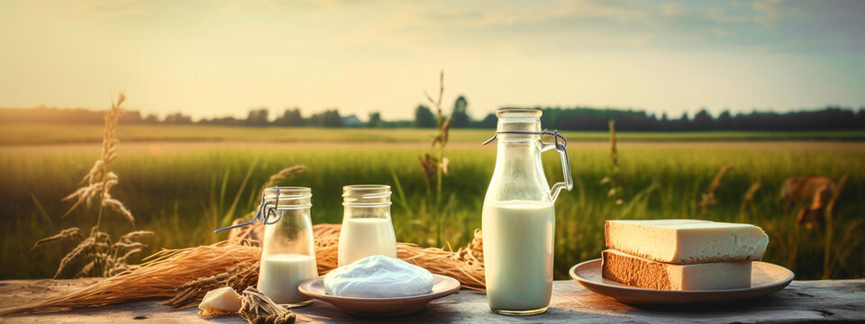 A Bottle Of Milk, A Glass Of Milk And A Plate Of Cheese On A Table In Front Of A Field Of Cows. Generative AI,