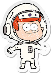 distressed sticker of a happy astronaut cartoon