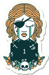 sticker of a crying human rogue with natural one d20 roll