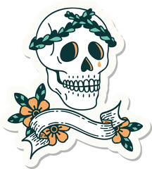 tattoo style sticker with banner of a skull with laurel wreath crown