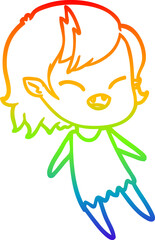 rainbow gradient line drawing of a cartoon laughing vampire girl floating