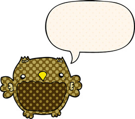 cartoon owl with speech bubble in comic book style
