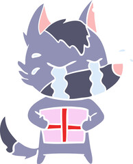 flat color style cartoon crying wolf with christmas present