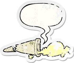 cartoon dropped ice cream with speech bubble distressed distressed old sticker