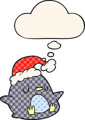 cute cartoon penguin with thought bubble in comic book style