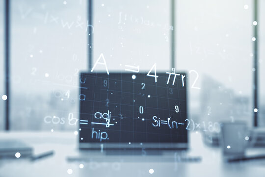 Creative scientific formula concept on modern laptop background. Multiexposure