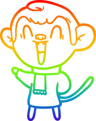 rainbow gradient line drawing of a cartoon laughing monkey