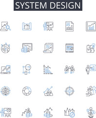 System design line icons collection. Strategic planning, Budget control, Marketing research, Data analysis, Financial management, Project management, Quality assurance vector and linear illustration