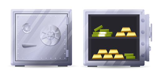 Bank metal vault and safes with open and closed doors. Safe Icons. Gold bars and cash money in secure metal storage. Bank metal vault and safes - obrazy, fototapety, plakaty