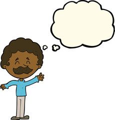 cartoon man with mustache waving with thought bubble